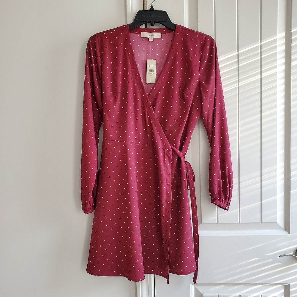 NWT Loft Maroon Star Print Wrap Dress 2P